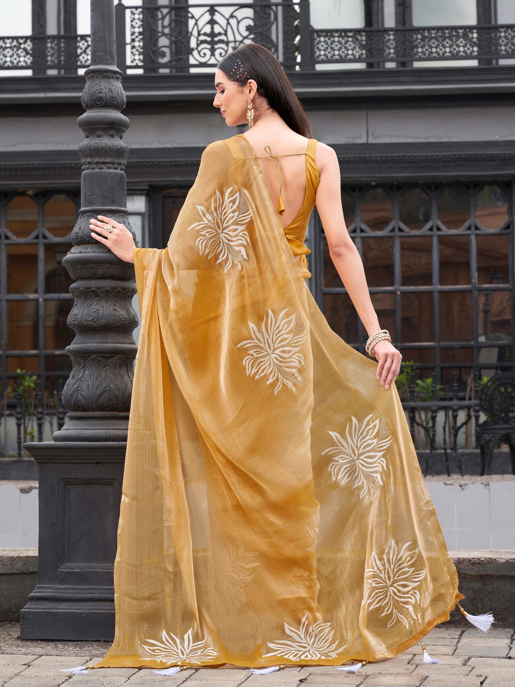 Yellow colored embroidred designer saree
